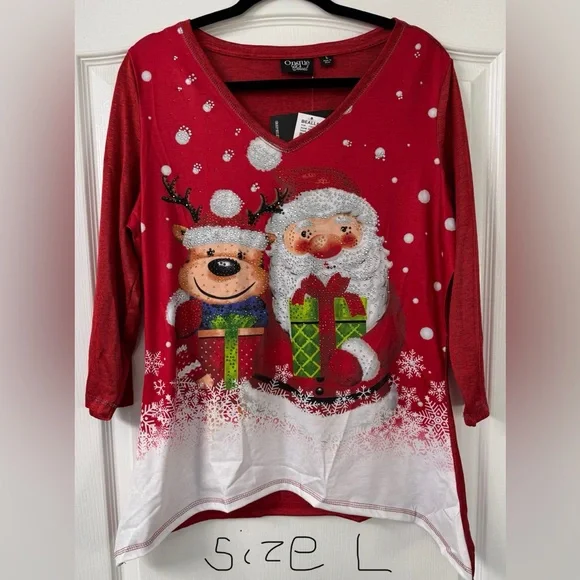 Onque Casual Santa and Reindeer Christmas Top w/ Sparkling Embellishments - Picture 8 of 15